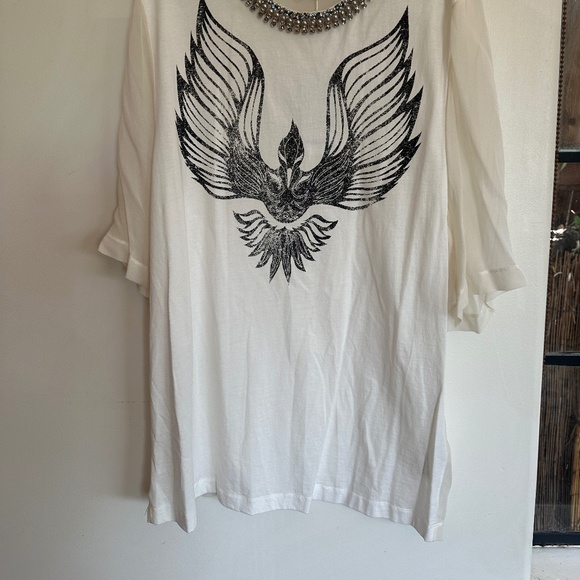 3.1 Phillip Lim white jersey/silk combo printed t-shirt w/embellished neck sz L - Picture 5 of 6